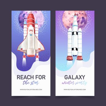 Galaxy flyer design with rocket, Neptune illustration watercolor. 