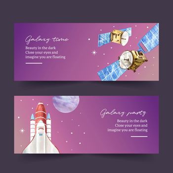 Galaxy banner design with satellite, rocket illustration watercolor. 