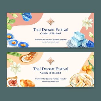 Thai sweet banner design with layered jelly, pudding, banana illustration watercolor. 