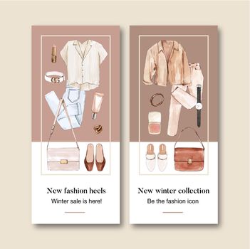 Fashion flyer design with outfit and accessories watercolor illustration.