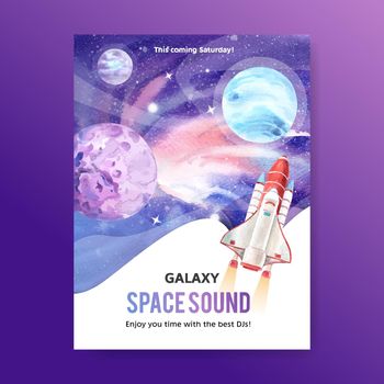 Galaxy poster design with cosmos and planet illustration watercolor. 