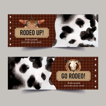 Cowboy banner design with cow skin, gun, cow skull watercolor illustration.