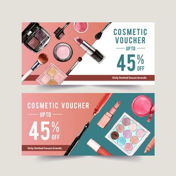 Cosmetic voucher design with eyebrow palette, lipstick illustration watercolor. 
