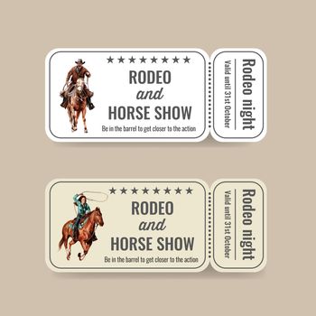 Cowboy ticket design with American rodeo watercolor illustration.