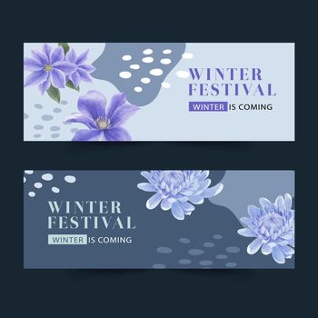 Winter bloom banner design with chrysanthemum watercolor illustration.