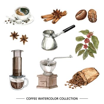 Coffee watercolor collection design illustration on white background.