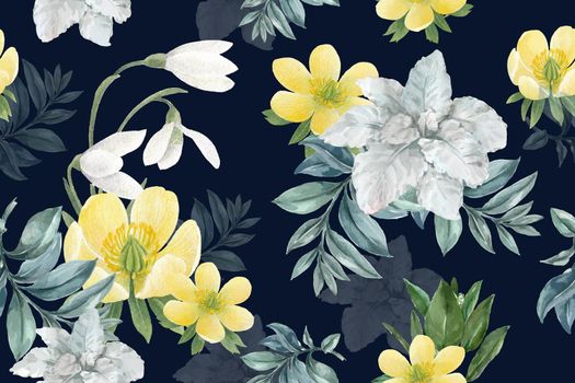Winter bloom pattern design with galanthus, anemone watercolor illustration.