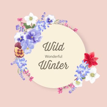 Winter bloom wreath design with orchid, lavender, anemone watercolor illustration.