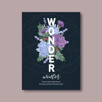 Winter bloom poster design with peony, chrysanthemum watercolor illustration.