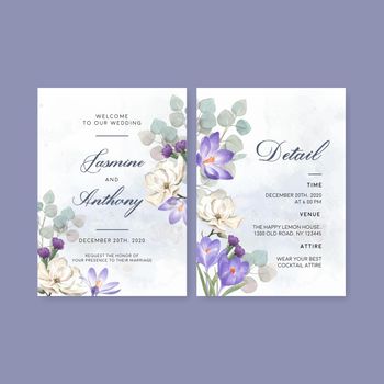 Winter bloom wedding card design with lilies, crocus watercolor illustration.