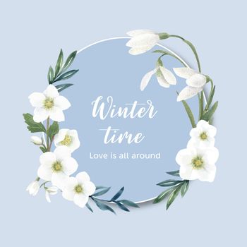 Winter bloom wreath design with galanthus, anemone watercolor il
