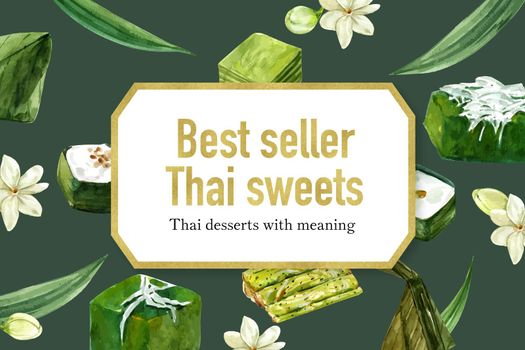 Thai sweet frame design with various thai puddings illustration watercolor. 