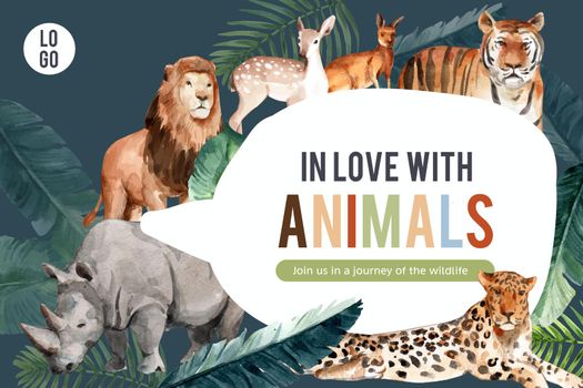 Zoo frame design with tiger, kangaroo, rhino watercolor illustration.  