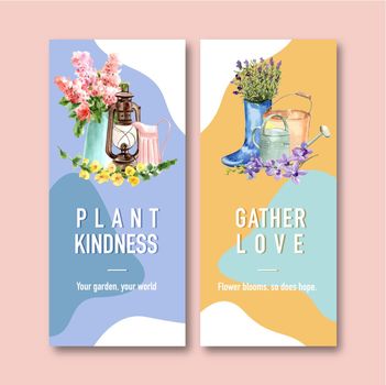Flower garden flyer design with Hyacinth, Snapdragon, garden tools watercolor illustration.