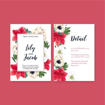 Winter bloom wedding card design with various florals watercolor illustration.
