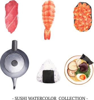 Set of sushi collection design isolated watercolor illustration on white background.