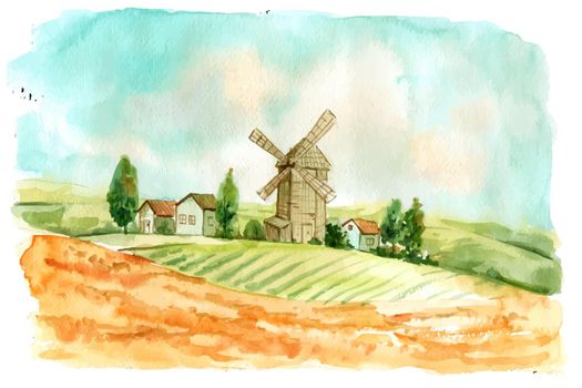 Creative watercolor farm illustration for decorative use.