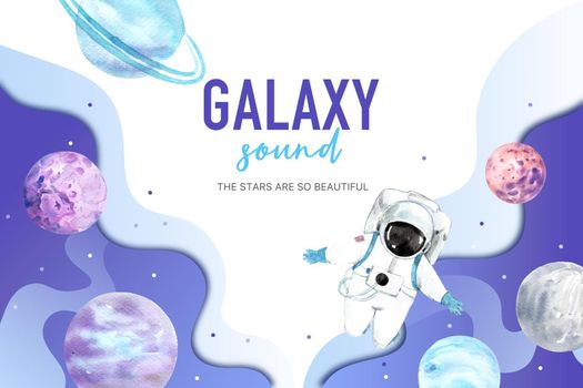 Galaxy frame design with astronaut and planet illustration watercolor. 