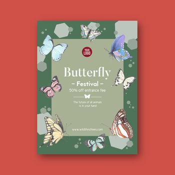 Insect and bird poster design with colorful butterflies watercolor illustration. 