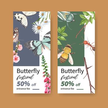 Insect and bird flyer design with butterfly, hollyhock, beetle watercolor illustration.