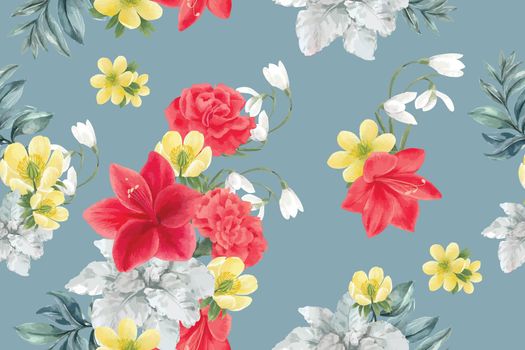 Winter bloom pattern design with peony, lilies, galanthus, anemone watercolor illustration.