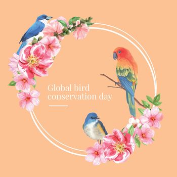 Insect and bird wreath design with bluetail, parrot, hollyhocks watercolor illustration. 
