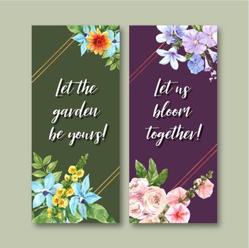 Flower garden flyer design with Calendula, Morning glory watercolor illustration.  