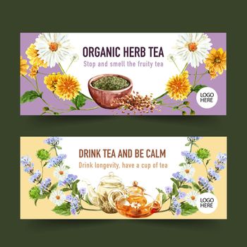 Herbal tea banner design with tea pot, chamomile, marigold watercolor illustration.  