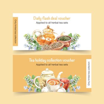 Herbal tea voucher design with peppermint watercolor illustration. 