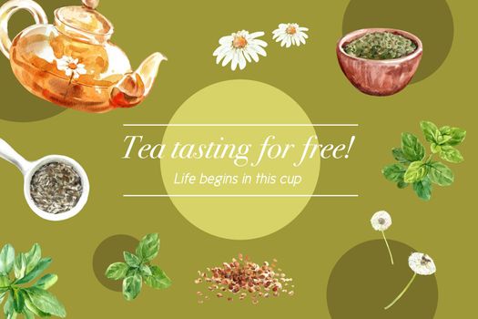Herbal tea frame design with Chamomile, Mint, tea bowl watercolor illustration.  