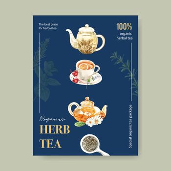 Herbal tea poster design with Lemon, Roselle, Tea pot watercolor illustration.  