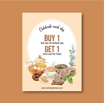 Herbal tea poster design with Dry Apricot, Tea pot, Mint, Thyme watercolor illustration.  