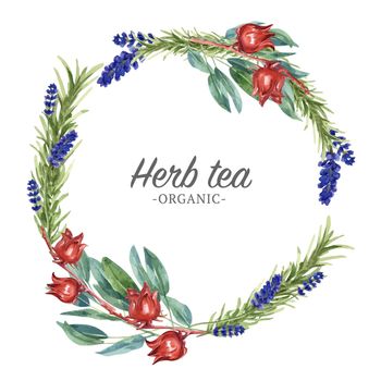 Herbal tea wreath design with Lavender, Roselle, Bay watercolor illustration.  