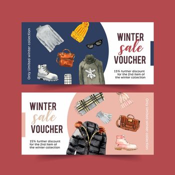 Winter style voucher design with sweater, bag, gloves watercolor illustration.