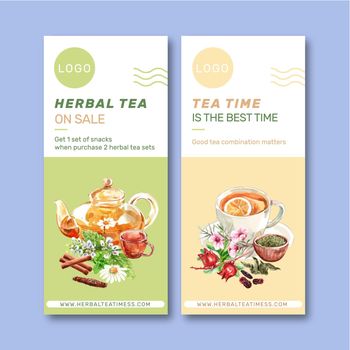 Herbal tea flyer design with cinnamon, peppermint, chamomile watercolor illustration.  