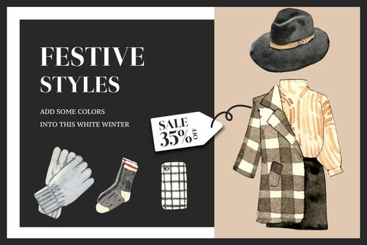 Winter style social media design with gloves, socks, coat, skirt watercolor illustration.