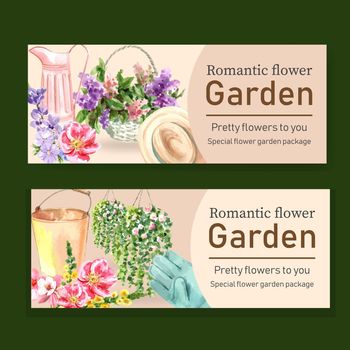 Flower garden banner design with flower basket, hat, glove watercolor illustration.  