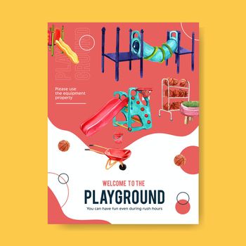 Playground poster design with tunnel, basketballs, slide watercolor illustration.