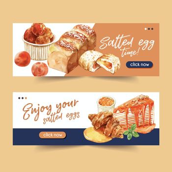 Salted egg Banner design with pie, crepe cake, croissant watercolor illustration.  