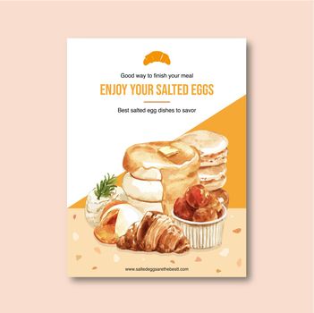 Salted egg Poster design with pancake, steamed stuff bun watercolor illustration.  