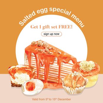 Salted egg social media design with custard, crepe cake watercolor illustration.