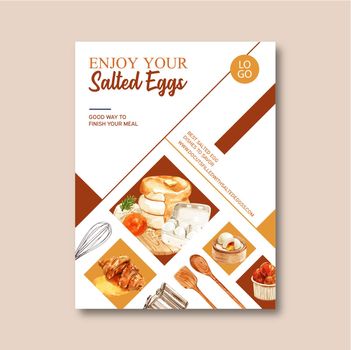 Salted egg Poster design with flipper, whisk, croissant watercolor illustration.  