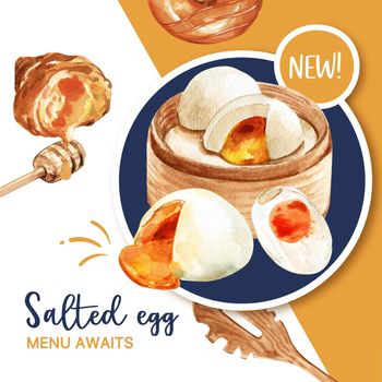 Salted egg social media design with croissant, donut watercolor illustration.