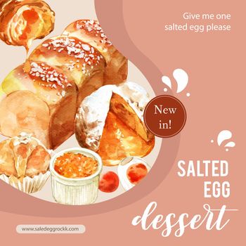 Salted egg social media design with croissant, cupcake watercolor illustration.