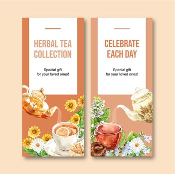Herbal tea flyer design with chamomile, peppermint watercolor illustration.  