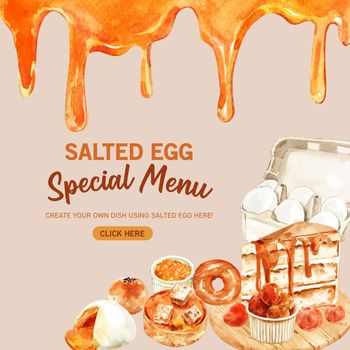 Salted egg social media design with cake, donut, bun watercolor illustration.