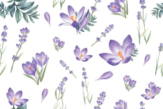 Winter bloom pattern design with crocus, lavender watercolor illustration.