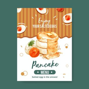 Salted egg Poster design with leaf, pancake, cream watercolor illustration.  