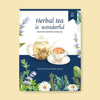 Herbal tea poster design with Aster, Anise, Lemon, Teacup watercolor illustration.  