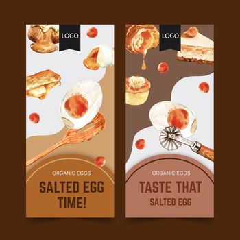 Salted egg flyer design with cake, spoon, stuffed bun watercolor illustration.